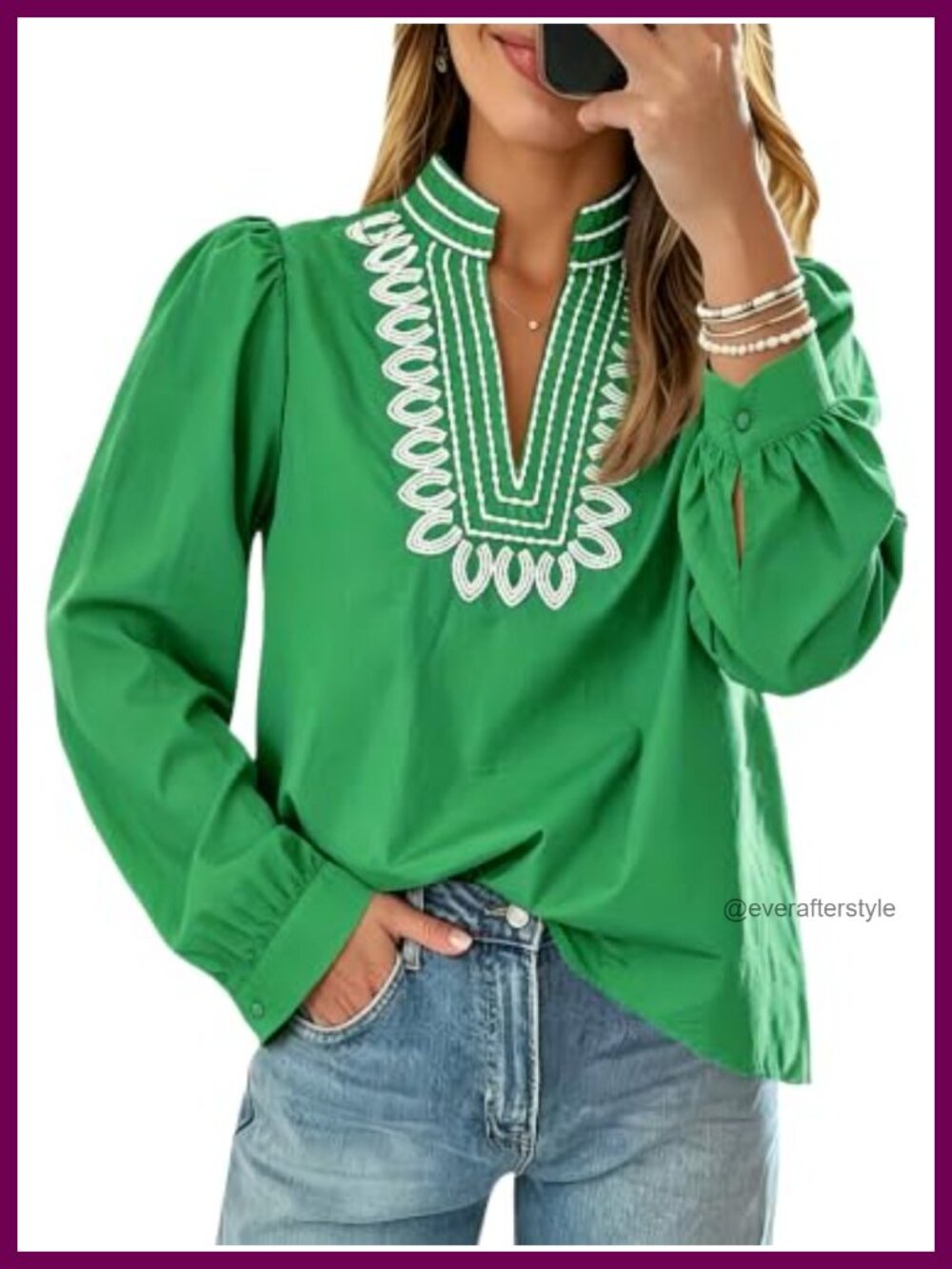 Womens Embroidered Puff Sleeve V-Neck Blouse Stand Collar Pullover Top
